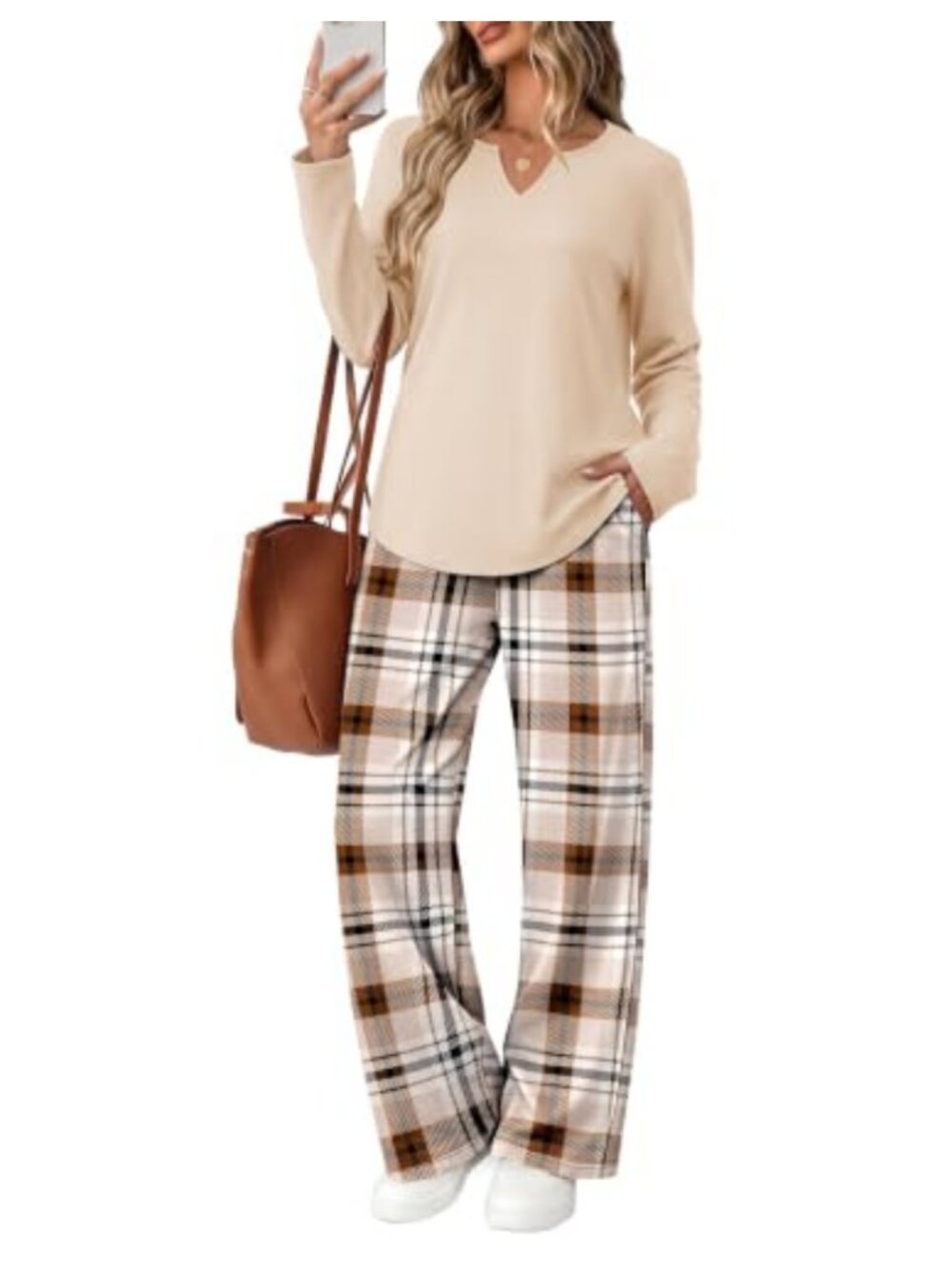 WIHOLL Women's 2 Piece Lounge Set V-Neck Long Sleeve Wide Leg Pants Pockets